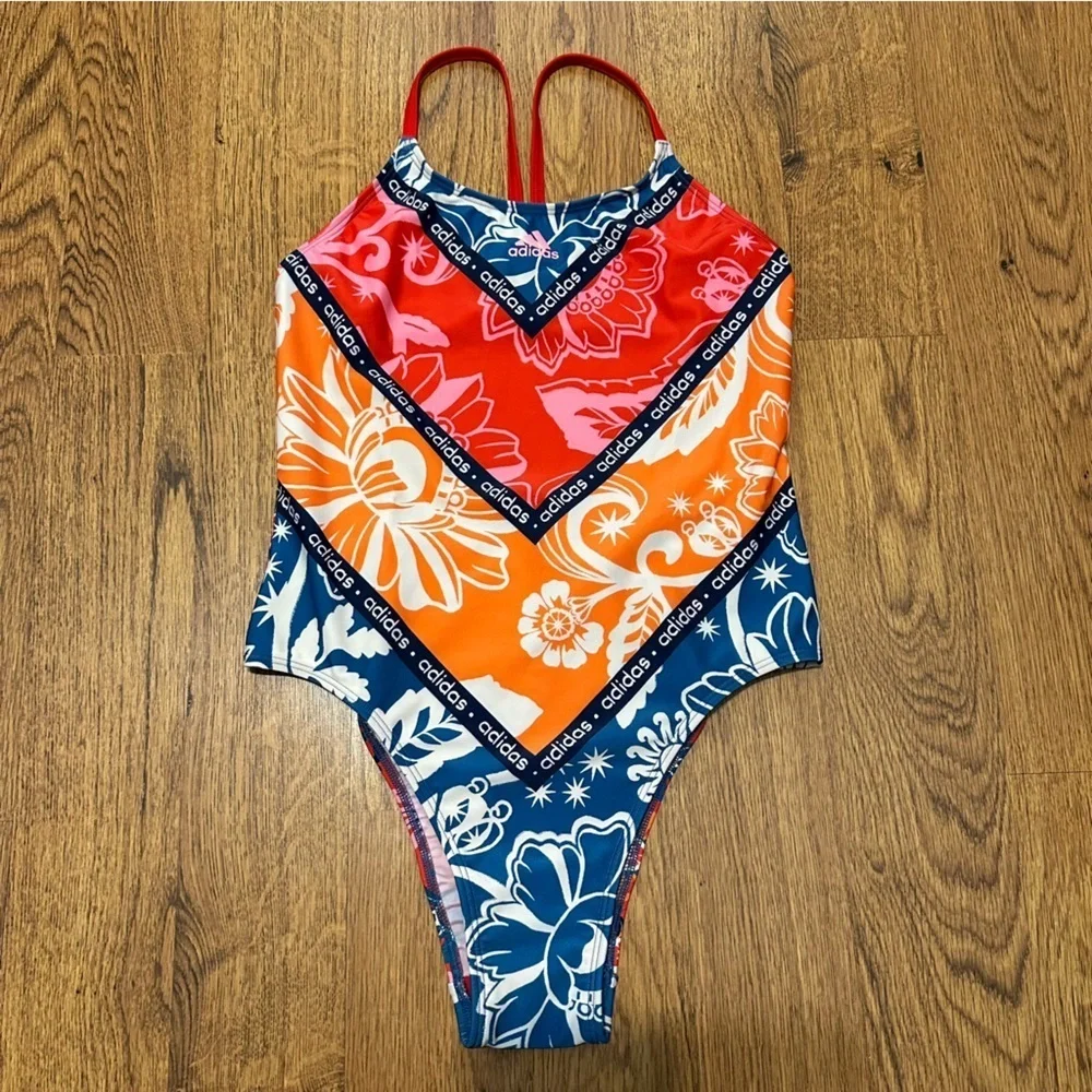 Adidas x Farm Rio Multiclor floral cross back One Piece Bathing Suit Size 12